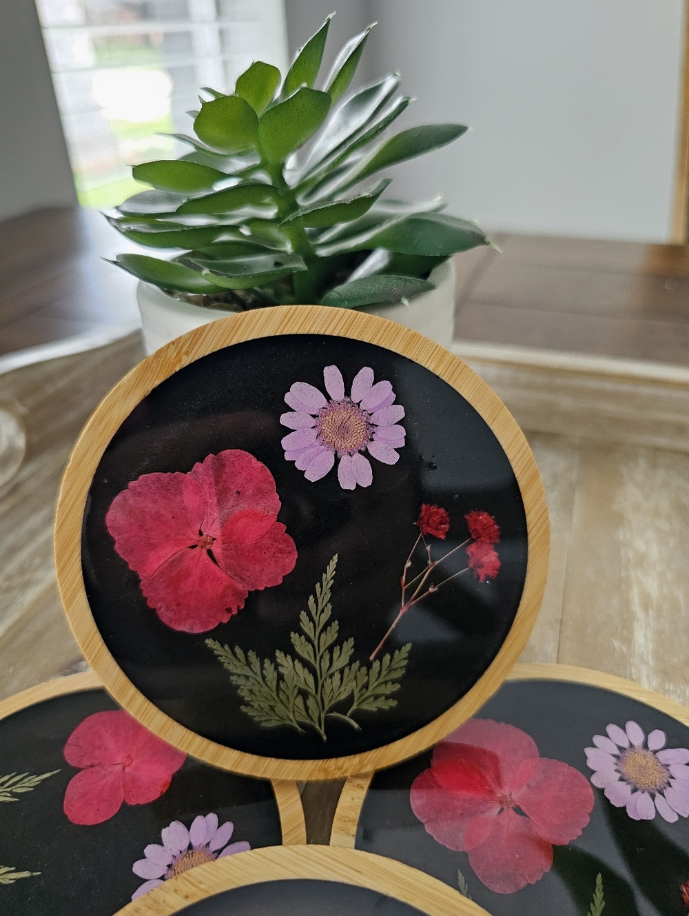 Pressed Flower/Resin Bamboo Coaster - Red & Purple